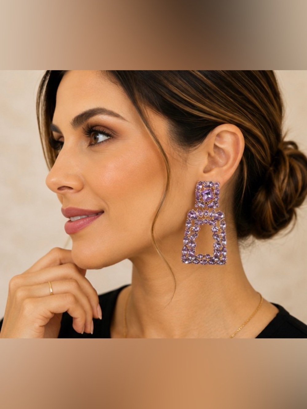 Purple Crystal Rhinestone Geometric Statement Earrings